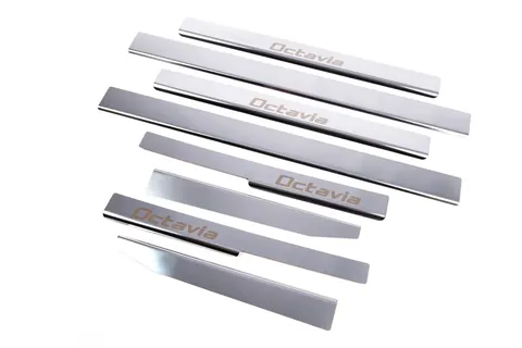 Накладки на пороги Carmos (8 шт, нерж.) для Skoda Octavia II A5 2006-2010 рр — Skoda Octavia II A5 2006-2010 гг. DianaParts